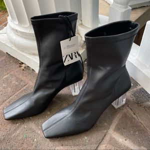 Zara Black Square Toe Block Heel Ankle Boots